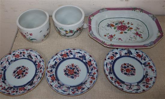 A pair of 19th century Chinese famille rose jardinieres, an 18th century Chinese famille dish and three plates